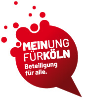 Logo Öffentlichkeitsbeteiligung Köln: Sprechblase mit Text "Meinung für Köln. Beteiligung für alle"