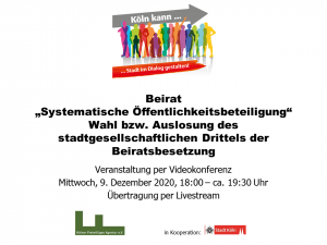 Logo: Menschen und "Köln kann Stadt im Dialog gestalten" | Veranstaltungstitel "Beirat Wahl bzw. Auslosung des stadtgesellschaftlichen Drittels der Beiratssitzung
