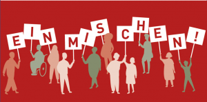 Symbolische Menschen halten Schilder mit Buchstaben hoch, die zusammen das Wort "Einmischen!" ergeben.