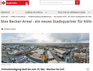 Screenshot Website Stadt Köln zum Beteiligungsverfahren Max-Becker-Areal