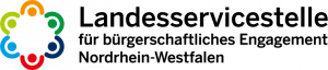Logo der "Landesservicestelle für bürgerschaftliches Engagement Nordrhein-Westfalen" (Text) - mit bunter Rosette (Bild)