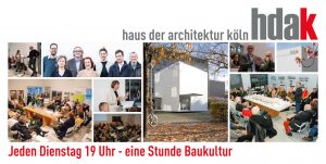 Illustration des Haus der Architektur zur Veranstaltungsreihe "19 Uhr - eine Stunde Baukultur". Diverse Bilder vom hdak-Gebäude und von Personen.