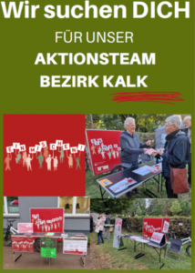 Text: "Wir suchen dich für unser Aktionstema Bezirk Kalk" | Bilder zur Illustration: Infostände mit dem Motiv "Einmischen"