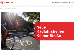 Screenshot vom Beteiligungsportal meinungfuer.koeln mit Bild zum Beteiligungsverfahren "Neue Radfahrstreifen Kölner Straße"