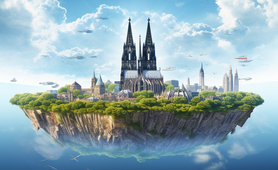 Illustrationen zum Kölner Klimadolog: Ein im Himmel schwebendes Stück Erde mit dem Dom und einigen weiteren Gebäuden darauf.