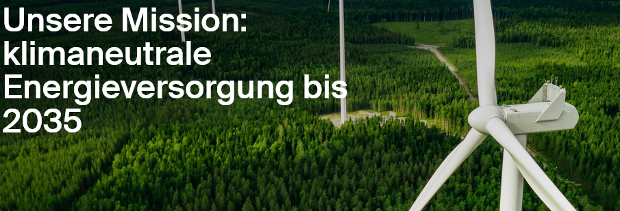 Screenshot von RheinEnergie-Website zum Thema "Klimaschutz". Bild: Wald im Hintergrund, im Vordergrund ein Windrad. Text: "Unsere Mission: klimaneutrale Energieversorgung bis 2035"