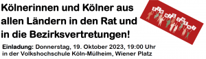 Ausschnitt aus der Veranstaltungseinladung mit dem Titel: "Kölnerinnen und Kölner aus allen Ländern in den Rat und in die Bezirksvertretungen!"