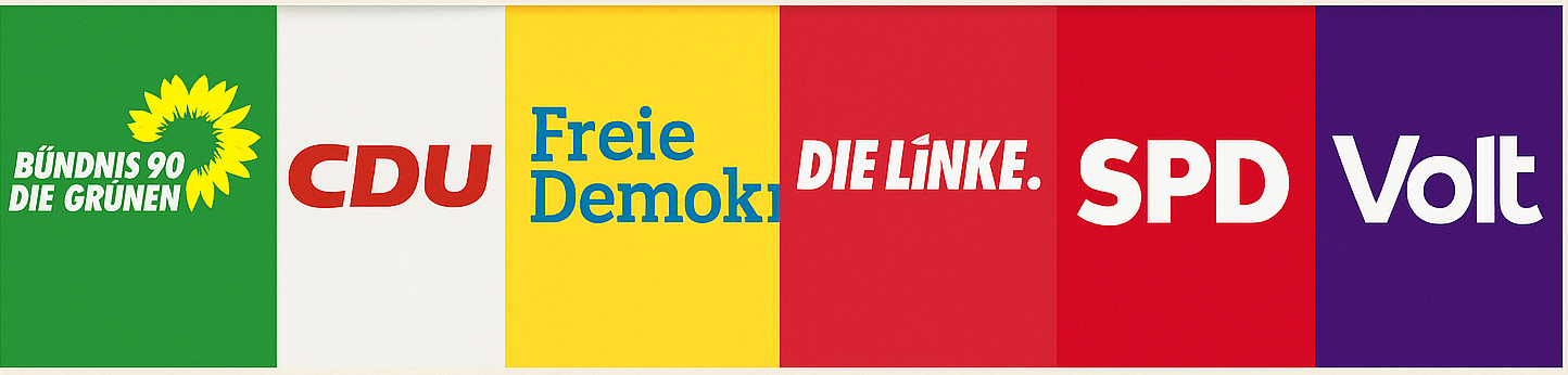 Logos der Parteien Bündnis 90 / Die Grünen, CDU, FDP, Linke, SPD, Volt