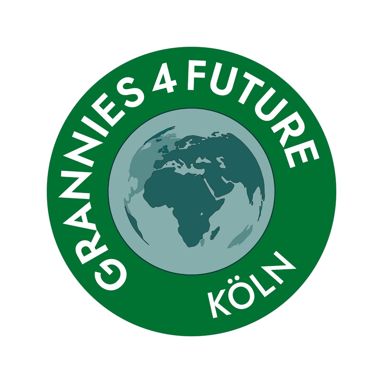 Logo m Text: "Grannies 4 Future - Köln" - als Kreis mit einem Bild der Erdkugel in der Mitte