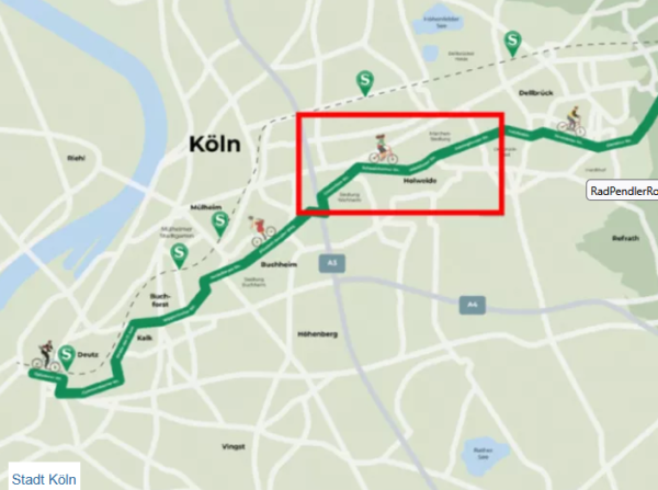 Es ist eine Karte zu der RadPendlerRoute zwischen Deutz und Dellbrück zu sehen.